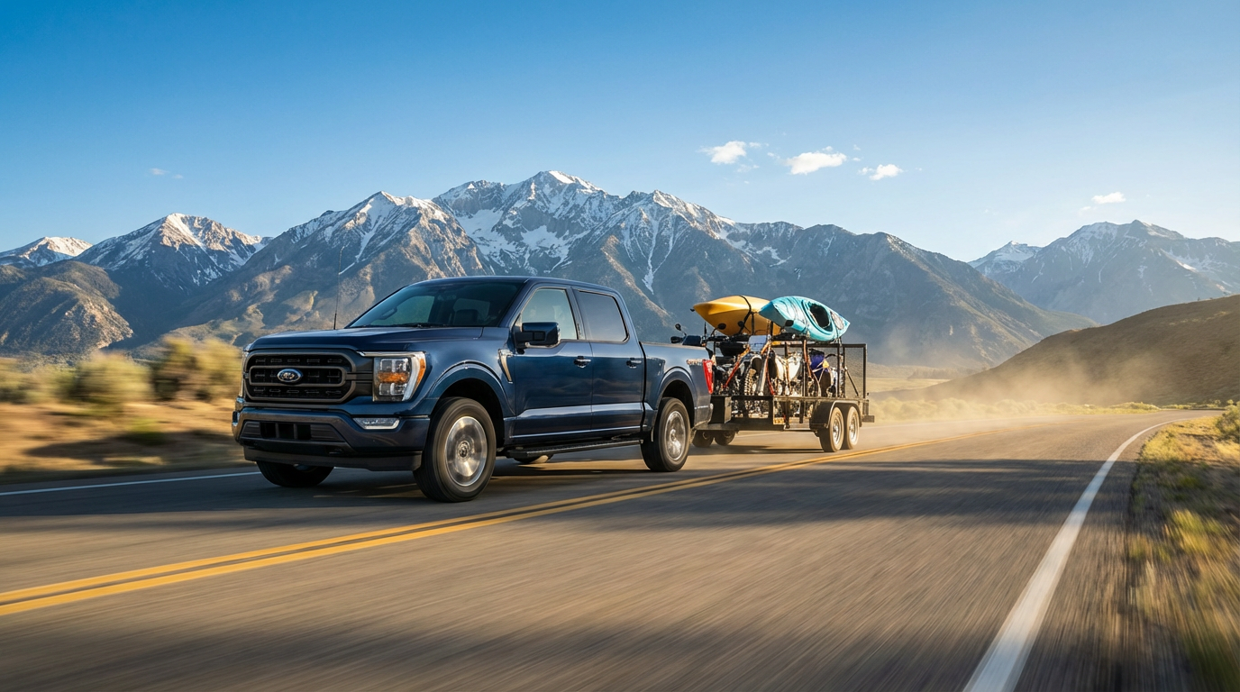 Truck towing trailer